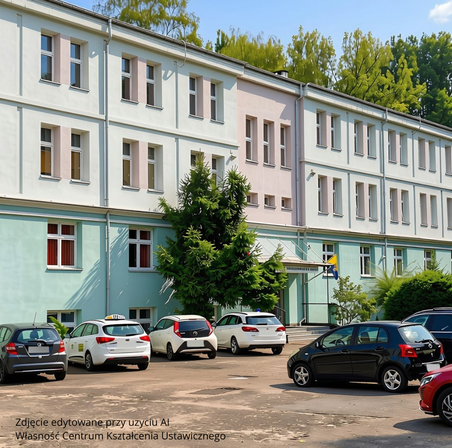 Wielopiętrowy budynek Liceum Ogólnokształcącego numer 4 w Rudzie Śląskiejo jasnej fasadzie z pastelowymi elementami, przed którym znajduje się parking z zaparkowanymi samochodami osobowymi i zielone drzewa